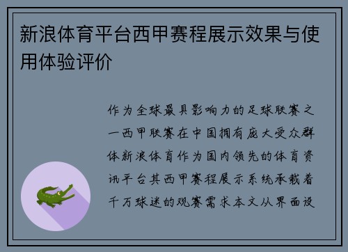 新浪体育平台西甲赛程展示效果与使用体验评价