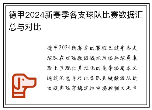 德甲2024新赛季各支球队比赛数据汇总与对比