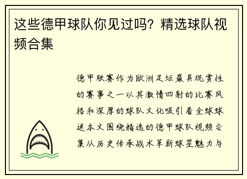 这些德甲球队你见过吗？精选球队视频合集